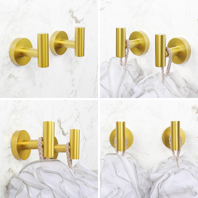 3-Pieces Bathroom Hardware Set Gold Stainless Steel Wall Mounted - Includes Toilet Paper Holder, 2X Robe Towel Hooks