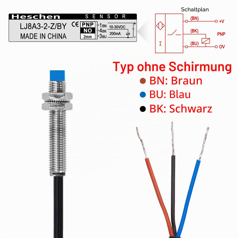 Heschen M8 Inductive Proximity Sensor Switch Non Shield Type, LJ8A3-2-Z/BY, Detector 2 mm 10-30VDC 200mA 3-Wire (PNP NO) PNP NO