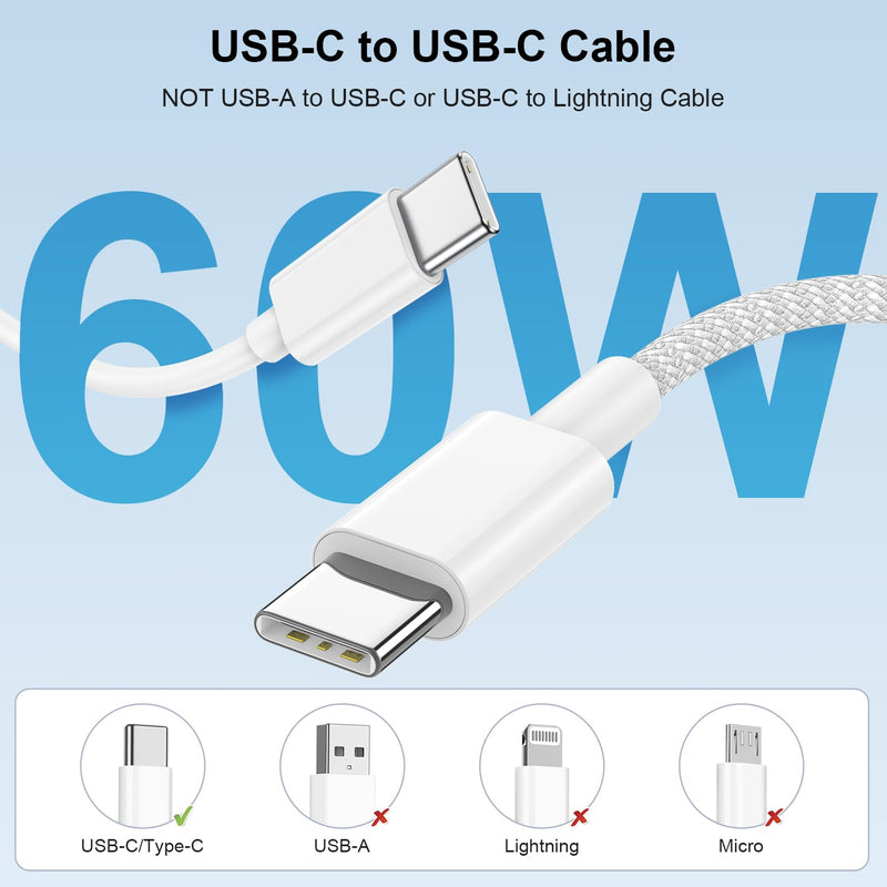 [Australia - AusPower] - for iPhone 15 Charger Fast Charging, 2Pack 6FT USB C to USB C Nylon Braided Cable with 20W Type C Rapid Charging Block for iPhone 15 Plus/15 Pro Max, iPad Pro 12.9/11 inch/4/3th/Air/Mini White 2Pack 6Feet 