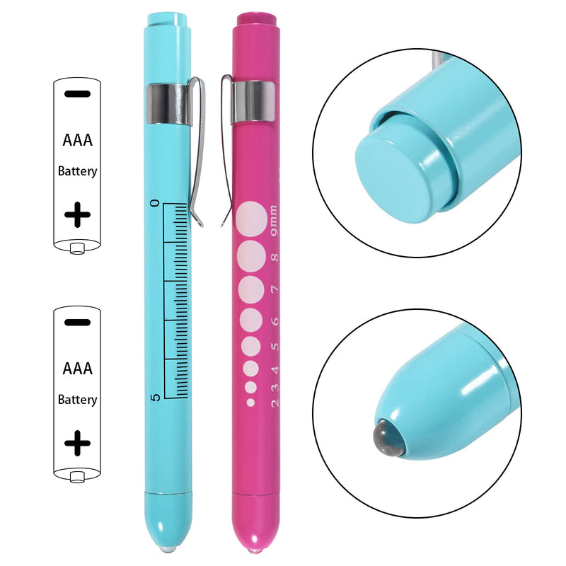 Aokin Pen Light with Pupil Gauge, Reusable LED Penlight Medical for Doctor Nurse Diagnostic etc, White Light, Sky Blue and Rose