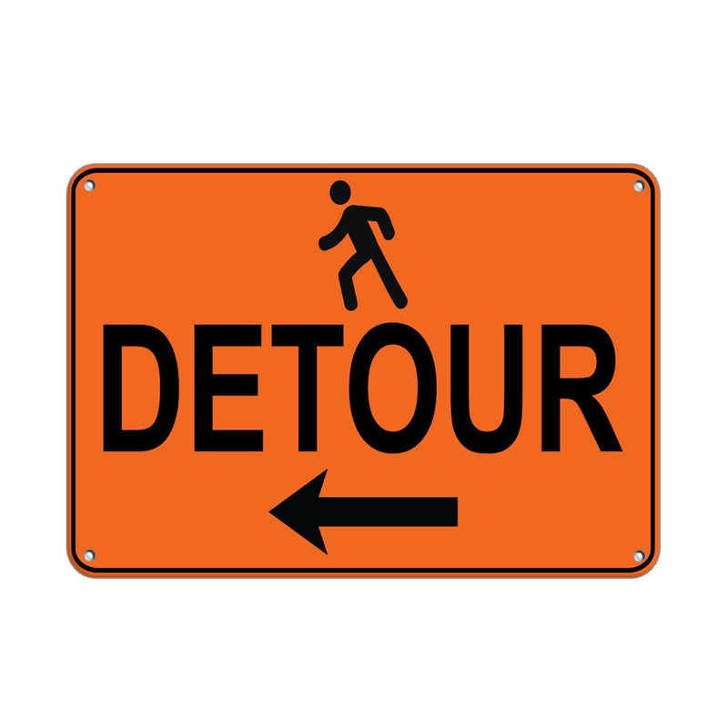 Aluminum Horizontal Metal Sign Multiple Sizes Left Arrow Pedestrian Detour Traffic Orange Temporary Warning with Border Weatherproof Street Signage 14x10Inches