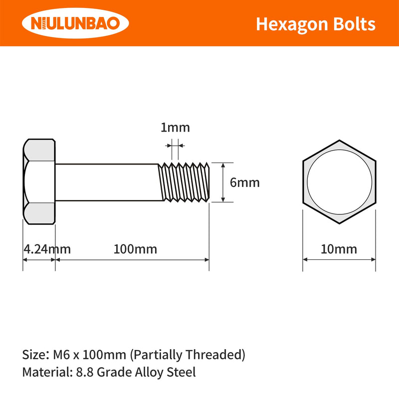 [Australia - AusPower] - M6-1.0 x 100mm Heavy Duty Hexagon Bolts Hex Head Screws, 8.8 Grade Alloy Steel, Black Oxide Finish, Metric Machine Partially Threaded, 10PCS M6-1.0 x 100mm(10PCS)Partially Threaded 