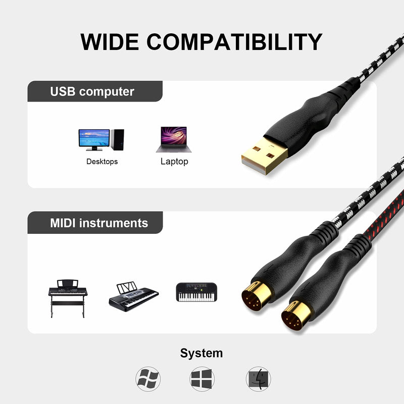 USB to MIDI Cable 6.5Ft, MIDI Interface Adapter,MIDI to USB Cable Converter for Music Keyboard Piano to PC Mac Laptop Windows Android Black,White
