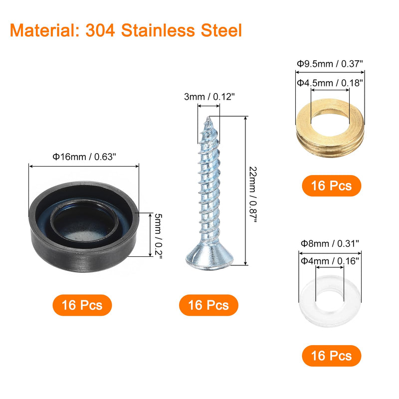 [Australia - AusPower] - uxcell 16 Pcs Screw Covers Caps, 304 Stainless Steel Mirror Screws Decorative Caps Cover Nails, Mirror Screws Fasteners for Sign Advertising Hardware Construction, 16mm Diameter, Black 