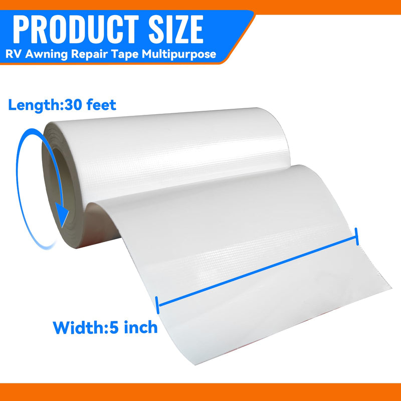 Tikfoam RV Awning Repair Tape for Tarp, Boat Covers,Tent, Sail Tape, Duct, Tear Repair Patch Kit, Waterproof, 5 Inch Wide 30FT Long, Reinforced White 5 inch x 30 ft