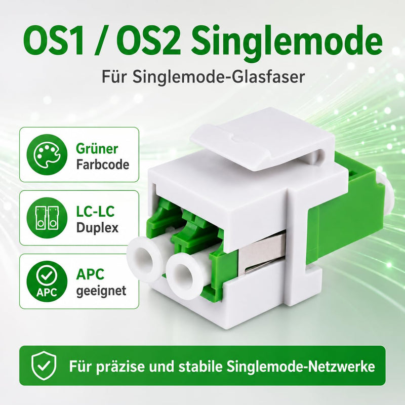 1aTTack.de 3x LWL Keystone Connector OS1 / OS2 (APC) LC Duplex Female to LC Duplex Female Single Mode Green LC/LC (APC) KS Green OS1/OS2 Keystone
