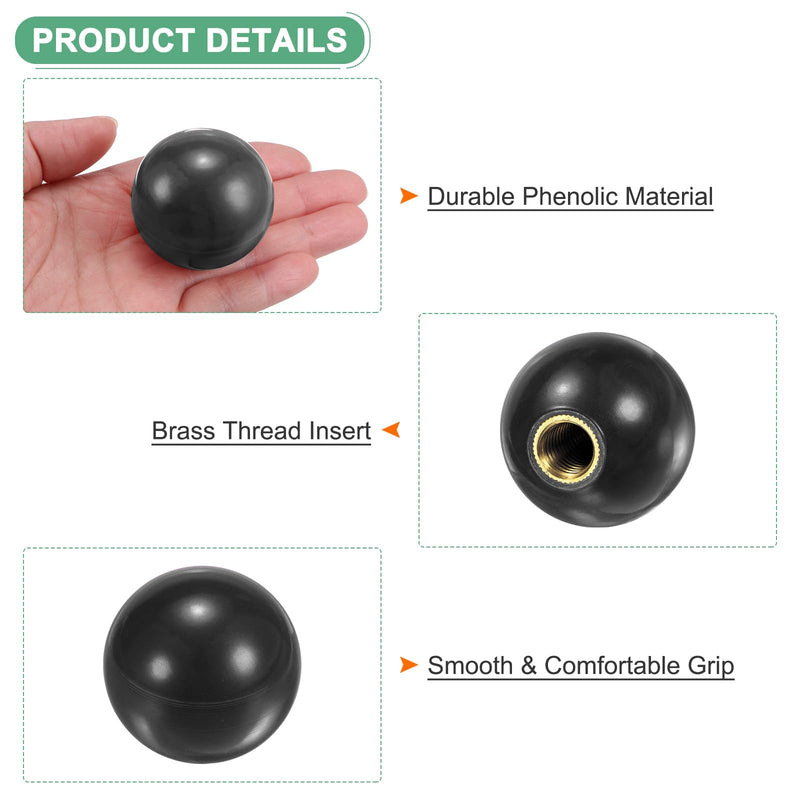 [Australia - AusPower] - 4-Pack Threaded Ball Knobs, M12 Female Thread 40mm Dia. Thermoset Ball Knob for Lathe/Machine/Lawn Mowers, Round Phenolic Brass Insert Lever Handle [Black] M12x40mm Black 