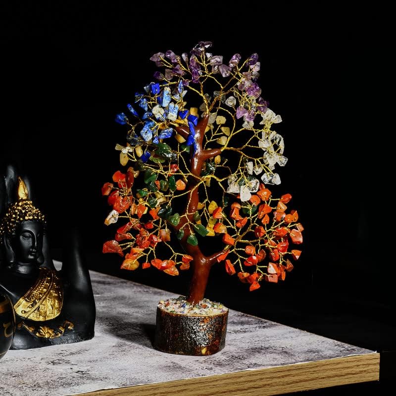 PYOR Chakra Tree, Crystals and Healing Stones, Gifts for Women, Crystal Tree, Home Office Decor, Crystals, House Warming Gifts New Home, Chakra Decor, 300 Chakra Gemstones - 10-12" Money Trees