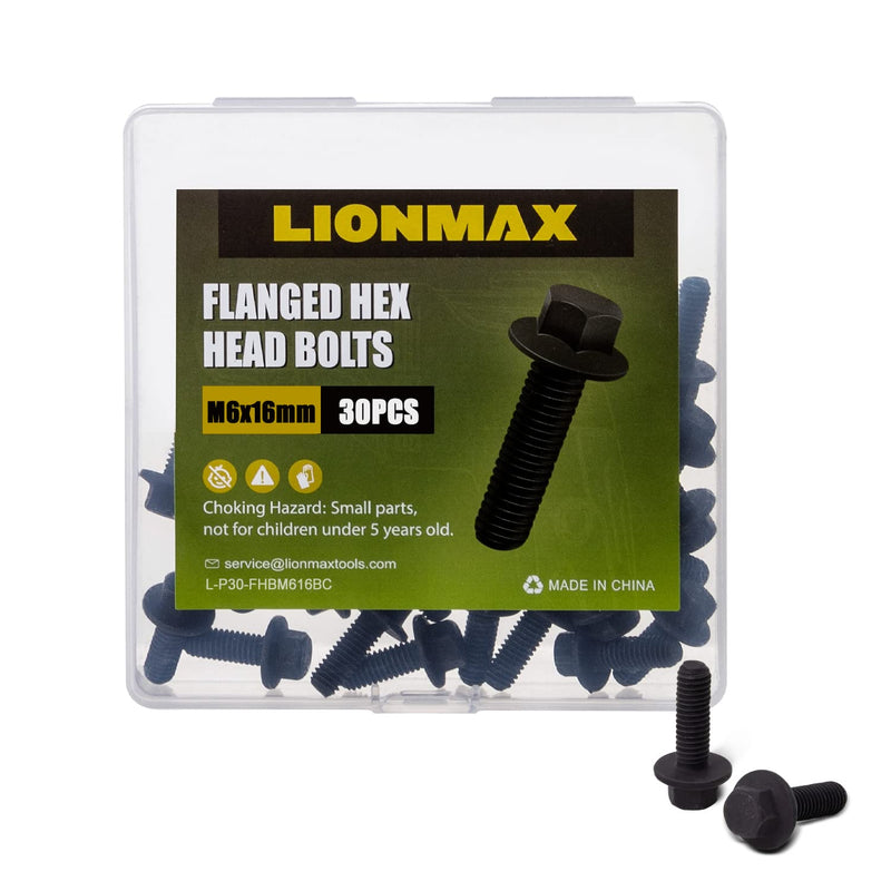 [Australia - AusPower] - LIONMAX Hex Head Bolts, M6 x 16mm Flanged Hexagon Bolts Full Threads, Black Oxide Finish, Carbon Steel, Rust-Resistance, Quantity 30 M6 x 16mm (30 PCS) 