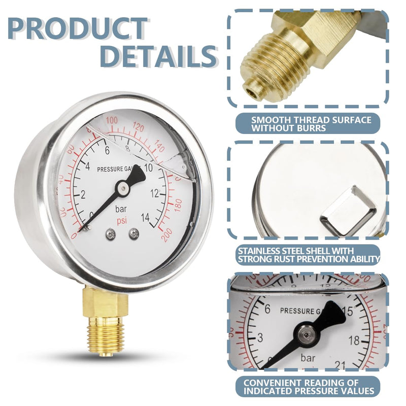 [Australia - AusPower] - Innfeeltech 1-Pcs 40 mm Pressure Gauge BSP 1/8 Inch 0-14 Bar 0 ~ 200 Psi with 3 Pieces Socket 1/8 Inch to 1/4 Inch, 1/8 Inch to 3/8 Inch and 1/8 Inch to 1/2 Inch and Teflon Tape, Radial 40MM, 14bar(200psi) 