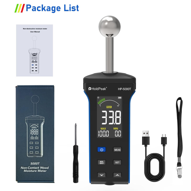 [Australia - AusPower] - HOLDPEAK Pinless Wood Moisture Meter, Non-Destructive Moisture Meter for Wood, Concrete, Floors, Walls, Measuring Depth 20-40mm Digital Moisture Meter with Masonry-Spherical Sensor, Large LCD Display 