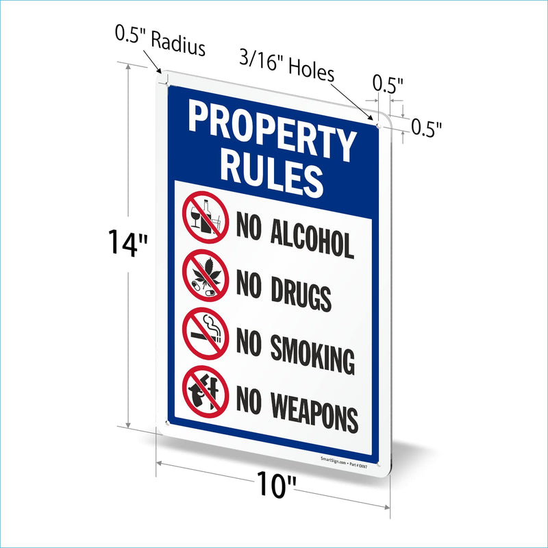 SmartSign 14 x 10 inch “Property Rules - No Alcohol, No Drugs, No Smoking, No Weapons” Metal Sign, 40 mil Laminated Rustproof Aluminum, Multicolor, Made in USA (Pack of 2) 14x10 inches (Pack of 2)
