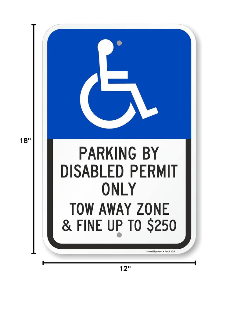 SmartSign Basics 18 x 12 inch “Parking By Disabled Permit, Tow-Away Zone” Handicap Parking Sign, 120 mil Aluminum Composite (ACM), Engineer Grade Reflective Material, Blue/Black on White, USA-Made blue, black and white