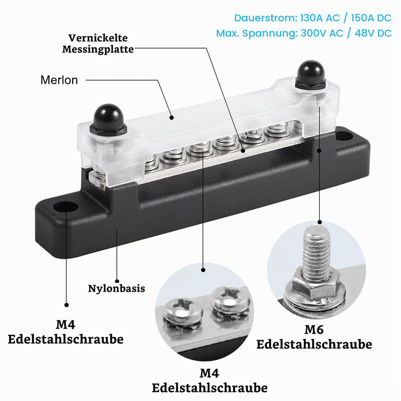 6-Pin Busbar Distribution Block | Distributor Block, Busbar Screw Terminal, Busbar for Truck, Bus, Boat black