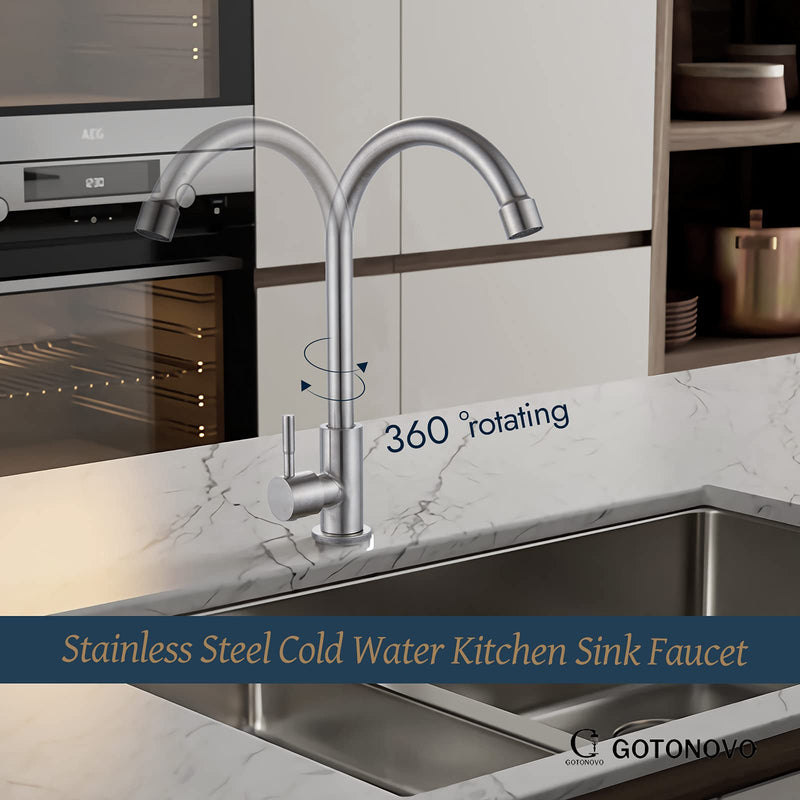 gotonovo Stainless Steel Cold Water Kitchen Sink Faucet Brushed Nickel Bathroom Single Handle Bar Faucet Faucet Single Temperature Water Only Silver Rotatable Elbow