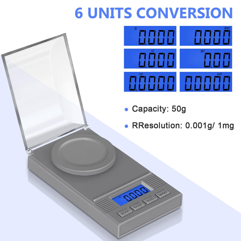 [Australia - AusPower] - Fuzion Milligram Scale 50g/ 0.001g, mg Scale, Jewelry Scale with LCD Backlit, Tare, Digital Milligram Scale for Powder Medicine, Gem, Reloading, Micro Scale PL50 Grey 