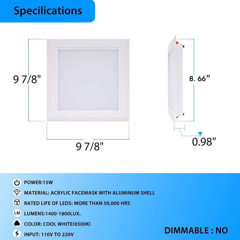 (OD 9.84" / ID 8.66") 15W Square LED Recessed Ceiling Light LED Downlight 130 Watt Equivalent 1400 Lumens 6000K Cool White with Open Trim,1Pack Cool White 6000k