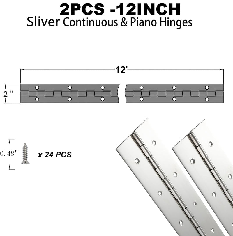 [Australia - AusPower] - 2Pack Silver Continuous & Piano Hinges 12 inch x 2Inch OpenWidth Heavy Duty Piano Hinges withHole Polished Stainless Furniture Hinges for Boats Cabinets Storage Box Door Cases with 24Screws 