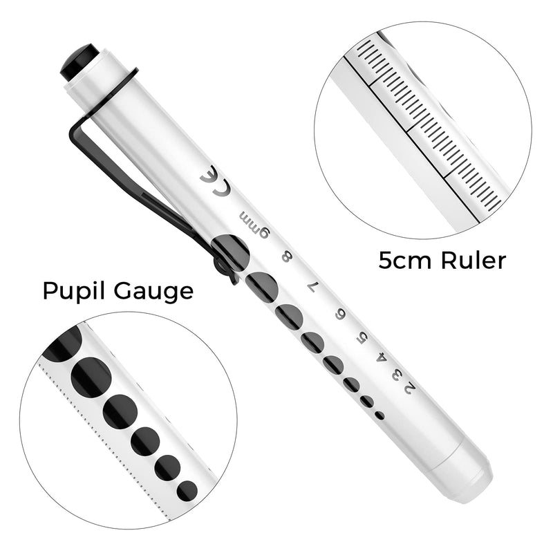 [Australia - AusPower] - RISEMART Pen Lights for Nurses, 2 Pack Reusable Medical Light with Pupil Gauge and Ruler, White Light LED Penlight for Student Doctors EMT (Black/White) Black and White 