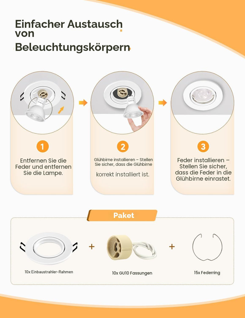 LED Recessed Spotlight GU10 Set (Including GU10 Socket), LED Spotlights 230 V 68 mm | Mounting frame in round, matt white, 30° swivel, metal recessed spotlights, for recessed lighting (pack of 10)