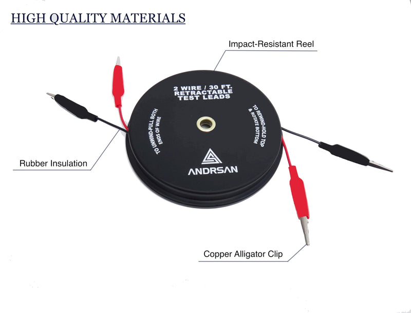 [Australia - AusPower] - 2 Wire 30’ Retractable Test Leads with 2” Alligator Clips, 18 Gauge Electrical Copper Wire, Impact-Resistant Reel, Black 
