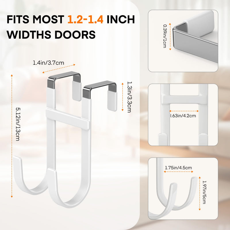 [Australia - AusPower] - FYY Over The Door Hooks - 2 Pack Heavy Duty Dual-Hook Organizer Hanger with Non-Slip Rubber for Towels, Clothes, Hats & Bags Use in Bathroom, Bedroom, Kitchen - Fits Interior Doors Up to 1 3/8" White 5.12" Long, Fit Interior Doors Up to 1 3/8" 