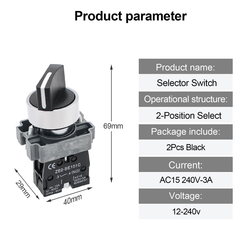 [Australia - AusPower] - 2Pack Black 2-Position Selector Switch 1NO Metal Head Switch Ith: 10A, Ui: 600V, Uimp: 6kV, AC15 240V-3A, CE 