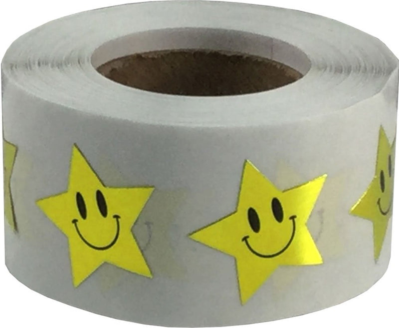 Metallic Gold Happy Face Star Stickers, 0.75 Inch Star Shaped Adhesive Labels, 500 Total Reward Stickers on a Roll for Teachers, Classrooms, Motivation, Charts, and Incentives – Made in the USA Metallic Gold