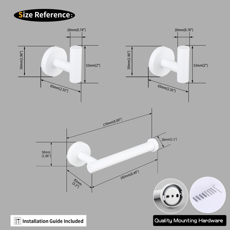 GERZWY 3-Piece Bathroom Accessories Hardware Set SUS 304 Stainless Steel - 2X Coat Hook Toilet Paper Holder, White