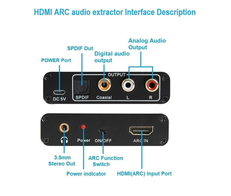 HDMI Arc Audio Extractor, ARC to RCA+Optical+3.5mm+Coaxial Converter/Adapter, Suitable for Connecting TV'S HDMI ARC to Sound Systems,Not Supporting CEC
