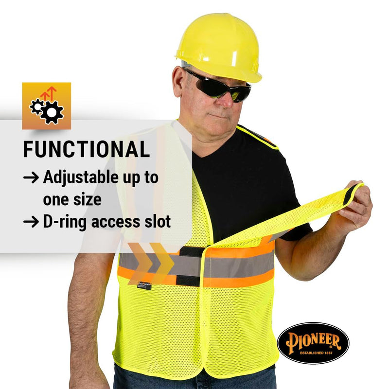 Pioneer Hi Vis Flame Resistant Vest For Men and Women - Self-Extinguishing FR Mesh - Reflective Tape - Class 2 - Hi Vis Yellow Yellow/Green Large-X-Large