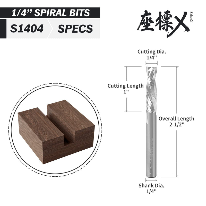 ZahyoX 1/4 Inch Shank Compression Spiral Router Bit, 2 Pack Set, CNC End Mill for Wood, 1/4 Dia x 1 CL x 2-1/2 OVL 1"CL Pack of 2