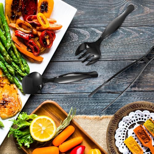 48 Pcs Black Plastic Serving Utensils Set 9'' Disposable Serving Utensils Spoons Forks Tongs for Serving Food Party Utensils Supplies for Buffet Banquets Weddings Restaurant Dinner Salad