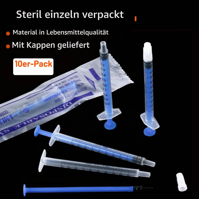 Pack of 10 1 ml Syringes with Safety Closure, Disposable Syringe without Needle | For precise liquid measurements, storage, experiments, for small animal feeding, colostrum syringe 1 ml (blue) 10.0