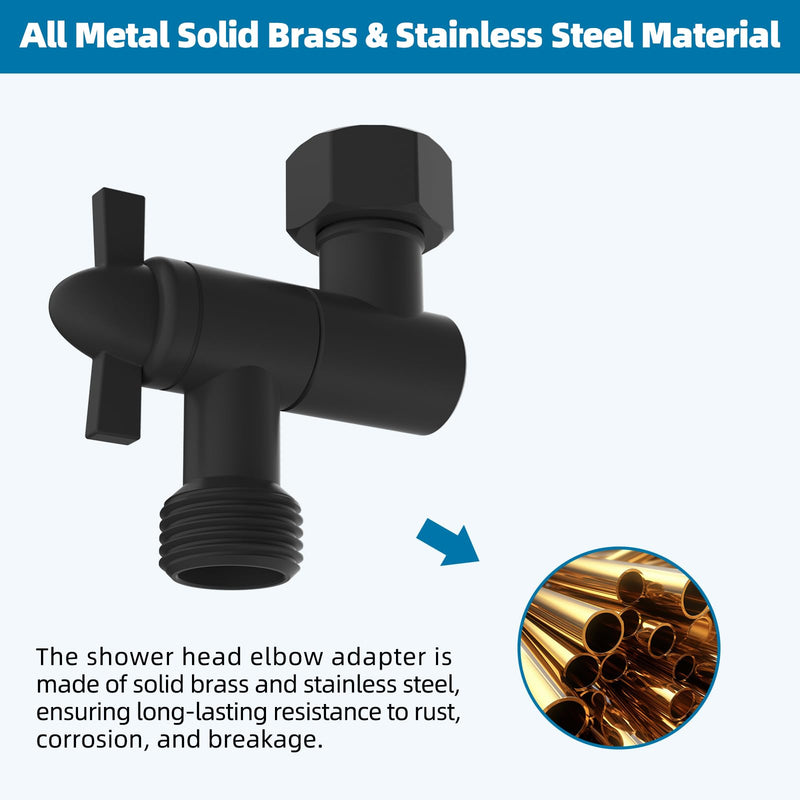 Hibbent All Metal Shower Head Elbow Adapter, 360 ° Adjustable Swivel Brass Shower Head Adapter, Stainless Steel Shower Arm Extension for Fixed and Rain Showerhead, Wall Mounted, Matte Black