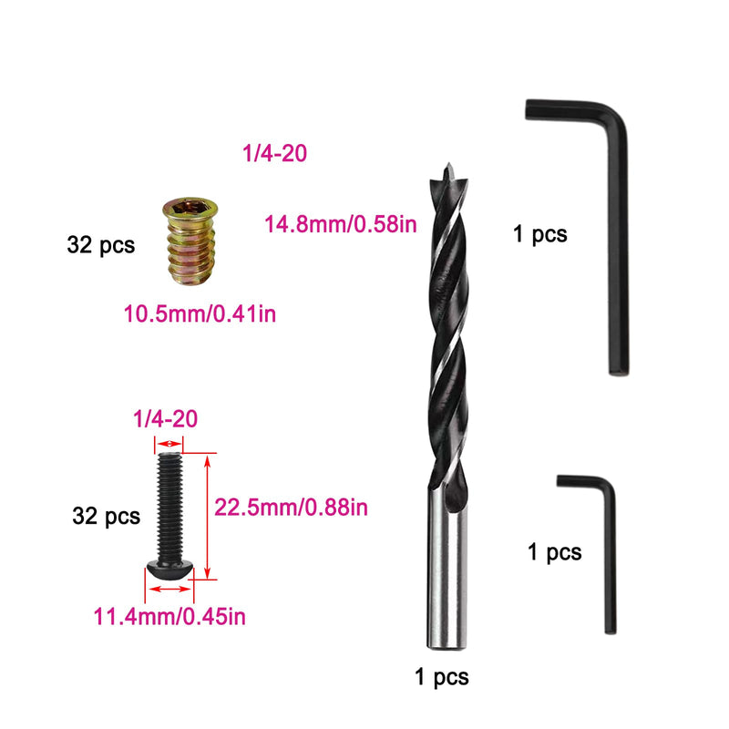 [Australia - AusPower] - 32 Sets 1/4"-20×15mm Wood Inserts/Screw-in Nuts + 1/4"-20×3/4" Bolt with Three-Point Woodworking Twist Drill and 2 Pcs Wrench,Furniture Threaded Bolt Fastener Connector Hex Socket Drive 1/4"-20×3/4" 32 