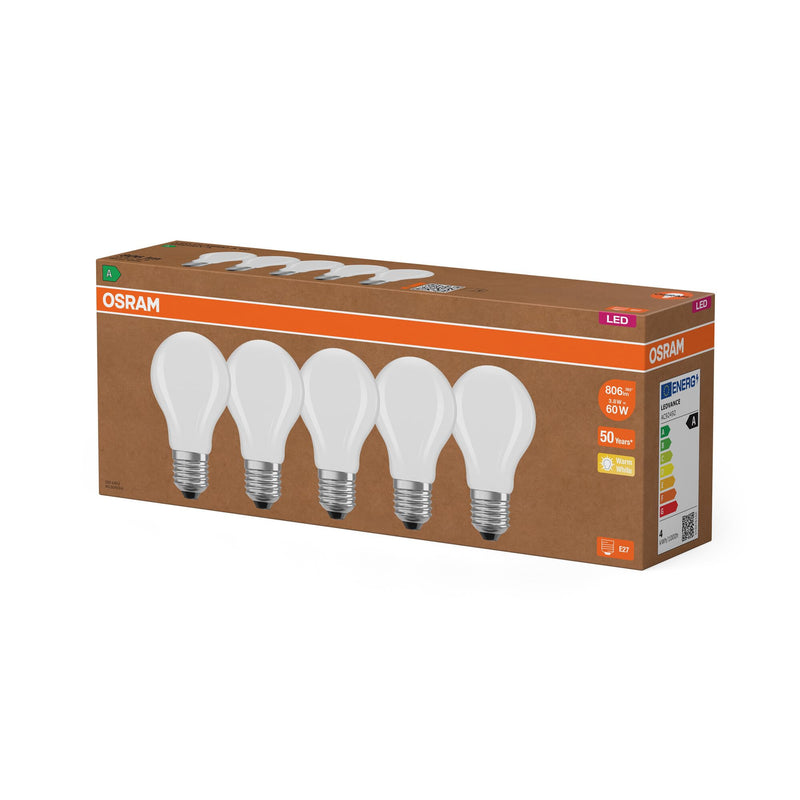 Osram Highly Efficient LED Bulbs with Energy Efficiency Class A, Value Pack of 5 Bulbs, Replaces Conventional 60 W Bulbs, Warm White (2700 K), E27, Matte Glass Matt 5-Pack 60W Replacement Bulb