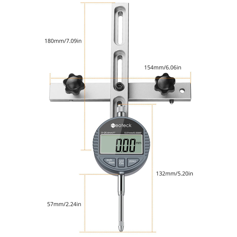 [Australia - AusPower] - Neoteck Digital Dial Gauge 25.4 mm Table Saw Gauge with 0.75 Inch Width Anodised Aluminium Rod for Aligning and Calibrating Workshop Machines Table Saws Band Saws and Drill Presses Silver 0-25.4 mm (0-1 inch) 