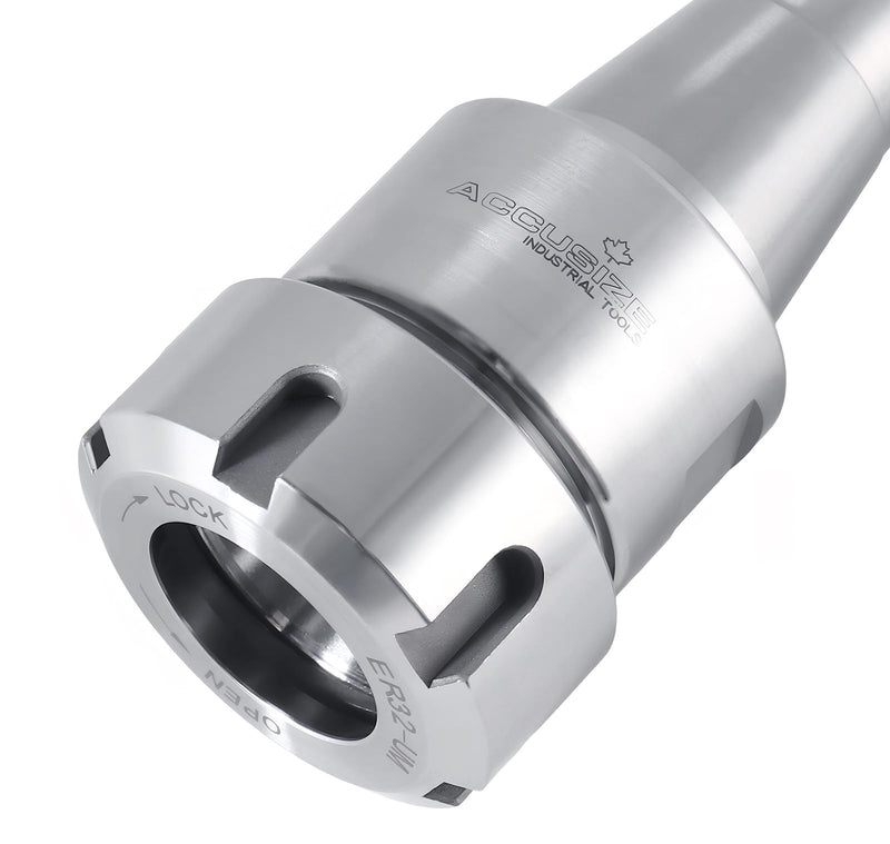 Accusize Industrial Tools R8 Shank Er32 Collet Chuck, Max RPM: 8000 RPM, 7/16''-20 Drawbar End, Max TIR 0.0002'' O.D to I.D. 0223-0232 | Drawbar End 7/16 in-20, Max TIR 0.0002 in O.D to I.D, Slotted Nut, 0.08-0.787 in Capacity R8-ER32