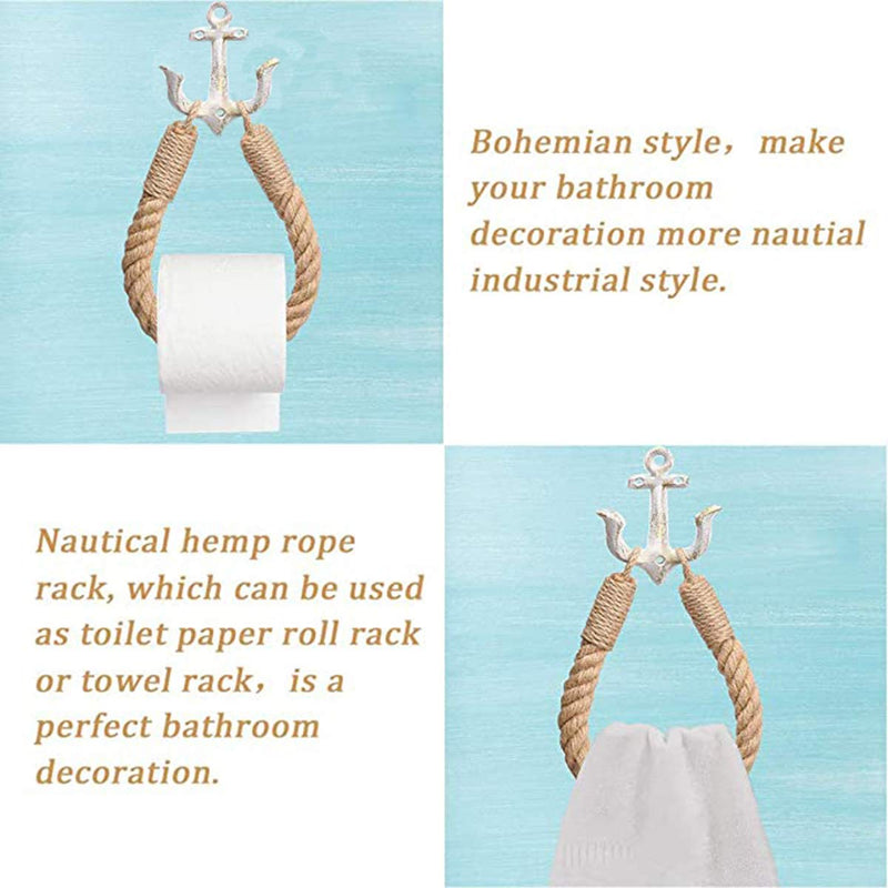 2 Pcs Nautical Rope Toilet Paper Holder Wall-Mounted Towel Ring Nautical Toilet Paper Holder with Metal Hooks Coastal Towel Rack Natural Antique Rope （White+White） White+white