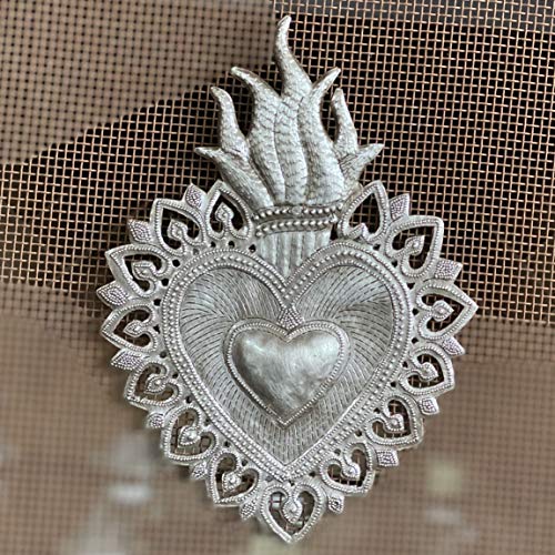 Sacred Heart, Flaming Heart, Religious Folk Art, Spiritual Home Decor, Haitian Metal Wall Art 7.25 X 10.25 Inches