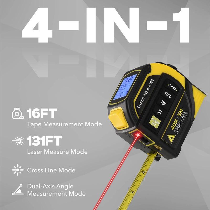 4-in-1 Laser Tape Measure - Class 2, 131FT Laser Distance Meter, 16FT AutoLock Tape Measure, Cross-Line Laser Level, Dual-Axis Electronic Angle, LCD Display, for DIY, Construction Projects