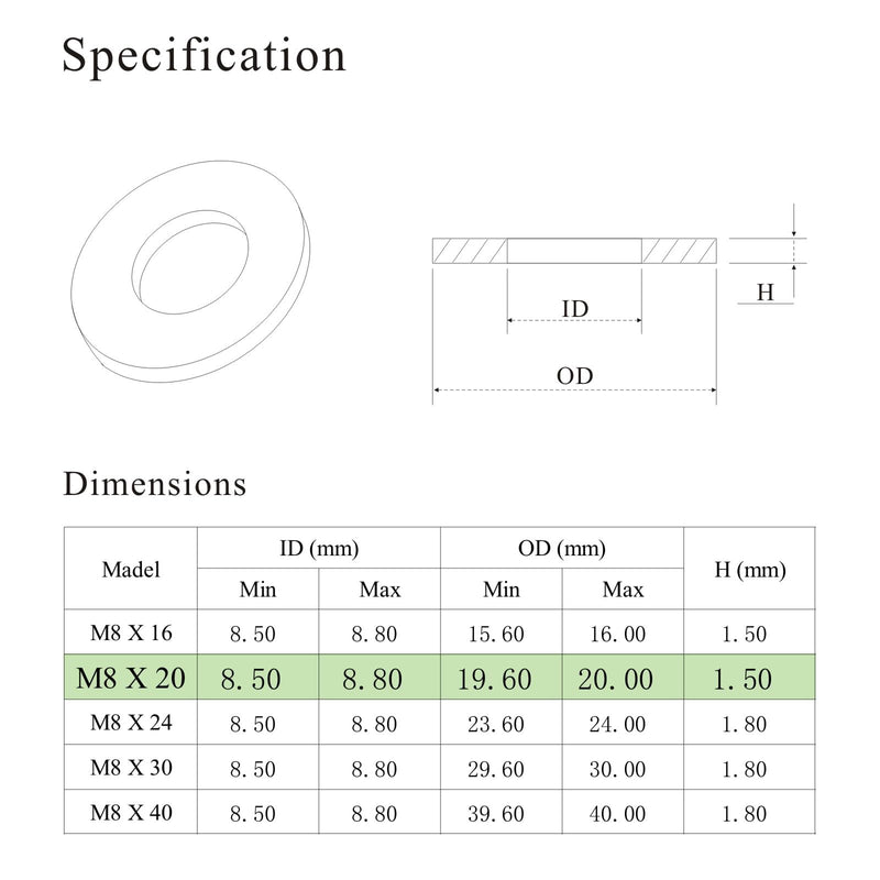 [Australia - AusPower] - M8 x 20mm Flat Washer, 304 Stainless Steel Washers Flat, M8 Washers Flat OD 20mm | Thickness 1.5mm; 100Pcs M8*20 -100pcs 