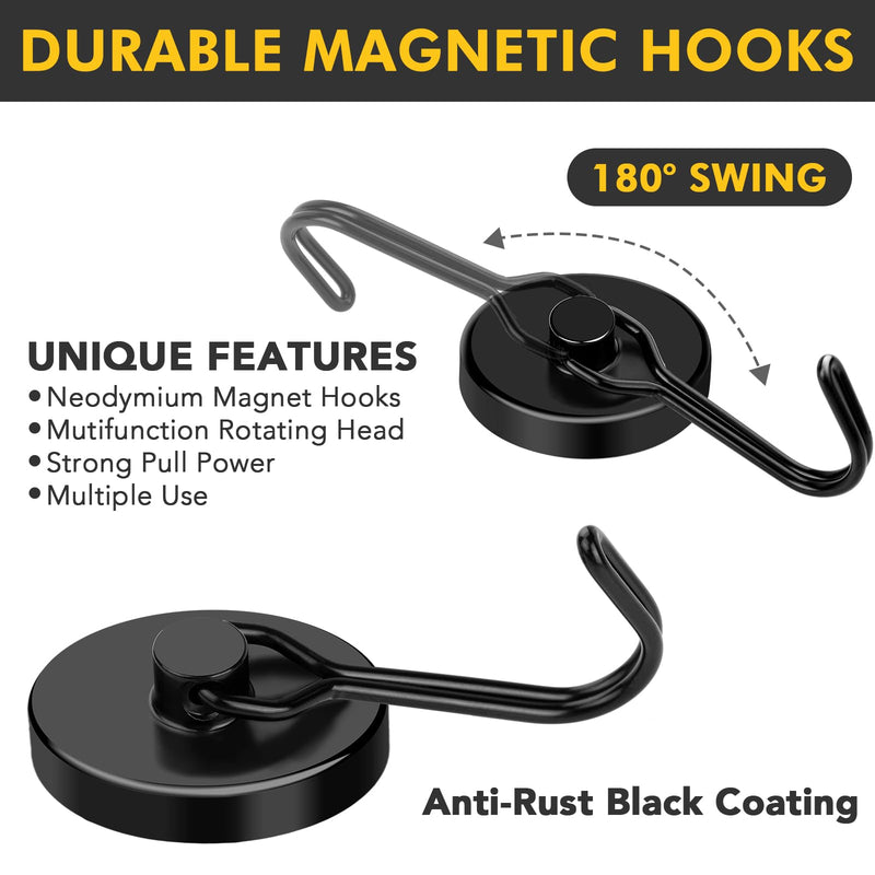 MIKEDE Magnetic Hooks, 110LB Heavy Duty Neodymium Black Magnet Hooks, Strong Swivel Magnetic Hooks Rust Proof for Indoor Outdoor Hangers Hanging, Fridge, Garage, Cruise, 6 Pack 110LB Black Magnetic Hooks