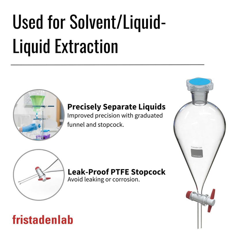 American Fristaden Lab 500mL Separatory Funnel with PTFE Stopcock Valve | Lab Quality Borosilicate Glass | 24/29 Joint Size | Separation Funnel for Lab Use