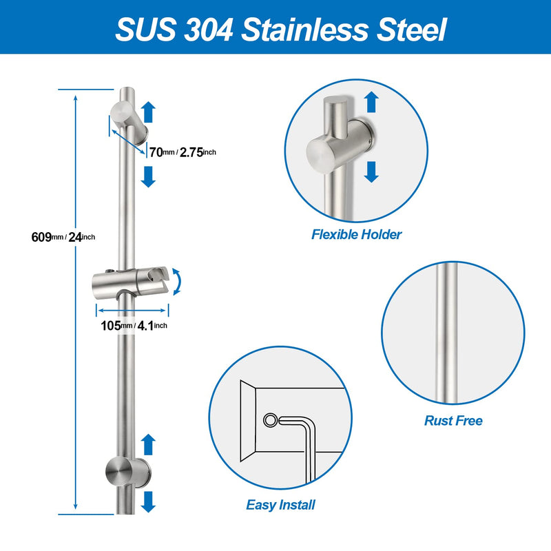 24 Inch Shower Slide Bar, Adjustable Shower Bar For Handheld Shower Wall Mount, Brushed Nickel Stainless Shower Head Slide Bar