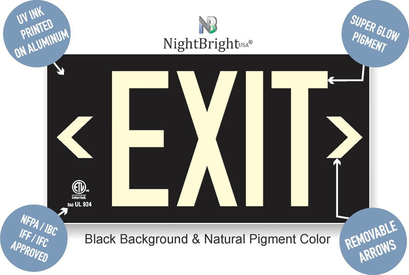 Photoluminescent Exit Sign Black W/Holes and Hardware - Aluminum Code Approved UL 924 / IBC/NFPA 101 (Directional Arrows Included) NightBright USA Part ULB-050-HH