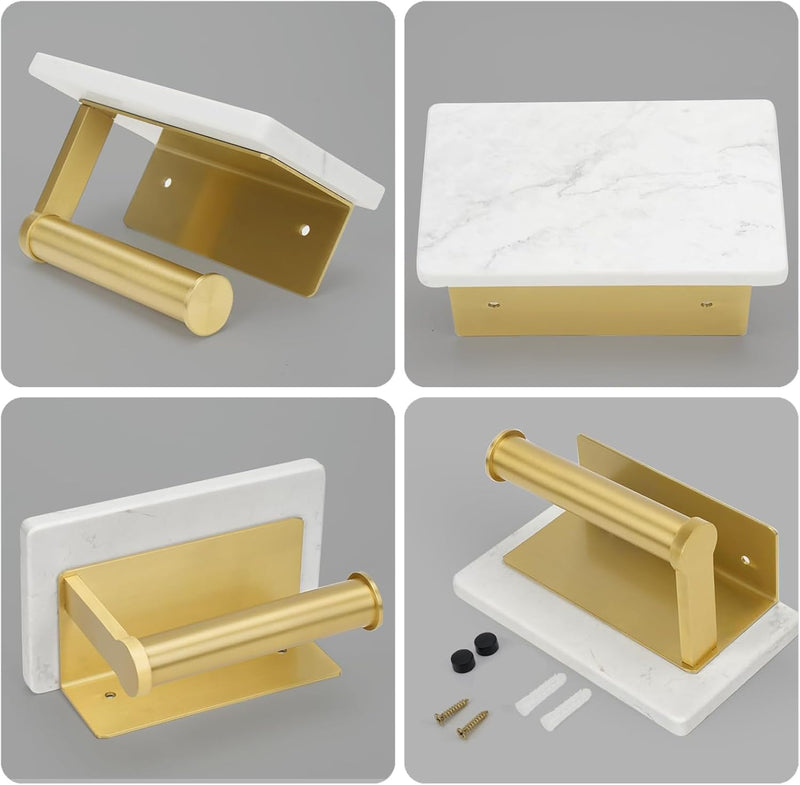 Brushed Gold Toilet Paper Holder with Marble Shelf, DAYELIVE 304 Stainless Steel Wall Mounted Toilet Paper Holder, Tissue Holder Toilet Paper Roll Holder for Bathroom Washroom