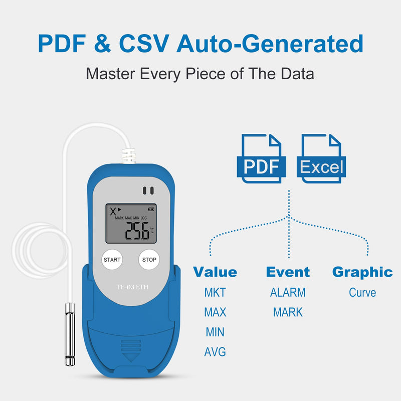 [Australia - AusPower] - ThermElc TE-03 ETH Temperature Data Logger High Precision Digital Probe, Temperature Humidity Data Logger Accuracy up to ±0.3°C, Automatic PDF CSV Report, LED Warning Light TE-03 ETH 1PCS 