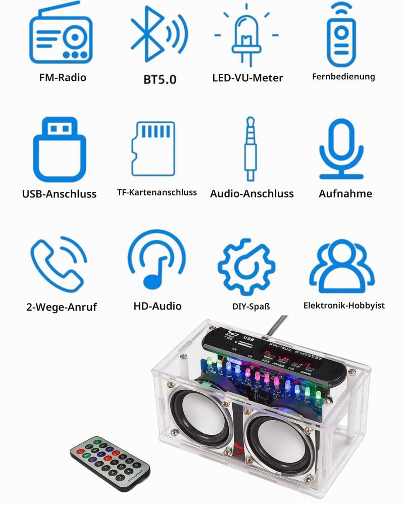 DIY Electronic Speaker Soldering Kit, Soldering Kit, Speaker Kit Bluetooth with FM, DIY Electronic Kit Receiver Music Player with LED Indicator Light, Remote Control for Soldering Learning Adults